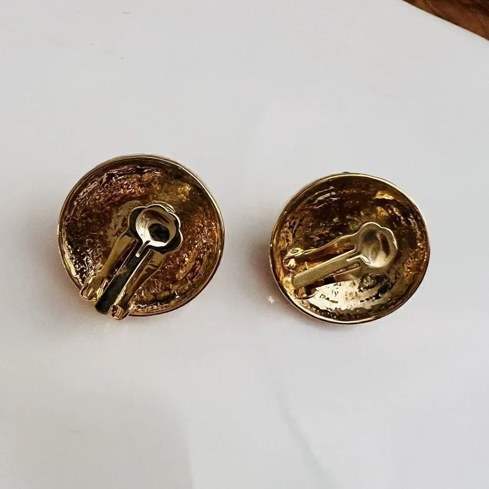 Vintage Galleria Gripoix Earrings Clip On Red Glass Enamel Gold Tone Round 4619